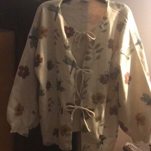 SHEIN Cream Cardigan with Floral and Dragonfly Design